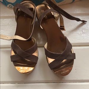 Jimmy Choo brown suede wedges with gold accent